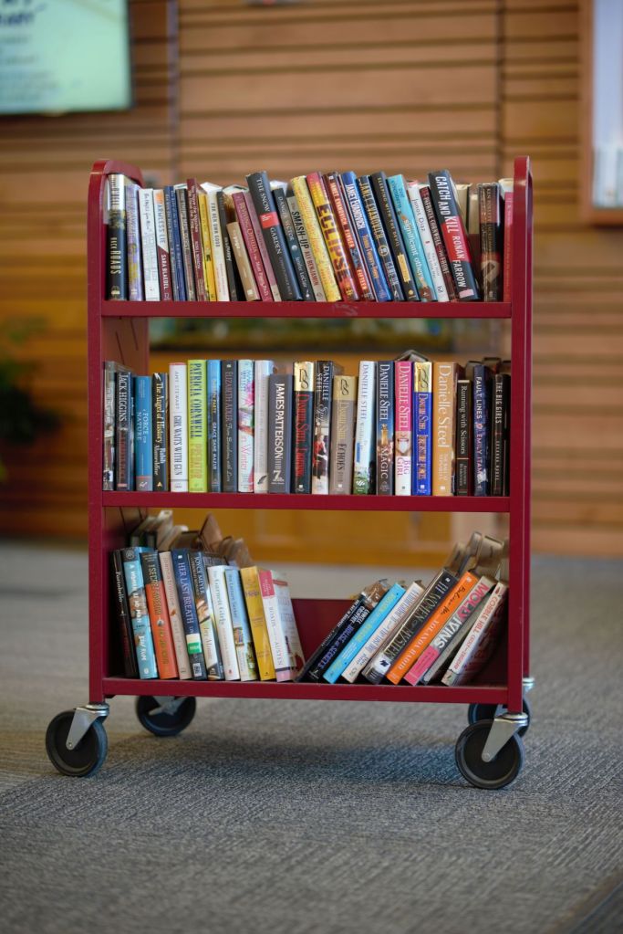 Eye-level view of an organized crimson book truck loaded with multicolored novels on a gray carpeted Fergus Falls library floor, photographed by Lance Albers.