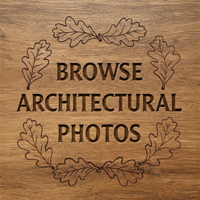 A square wooden board with an engraved design featuring the text "BROWSE ARCHITECTURAL PHOTOS" centered within a circular frame made of six detailed oak leaves.