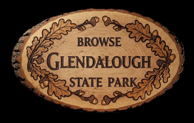 Oval wood slab sign with natural bark edges engraved with the words "Browse Glendalough State Park" surrounded by an intricate border of carved oak leaves and acorns on a black background.