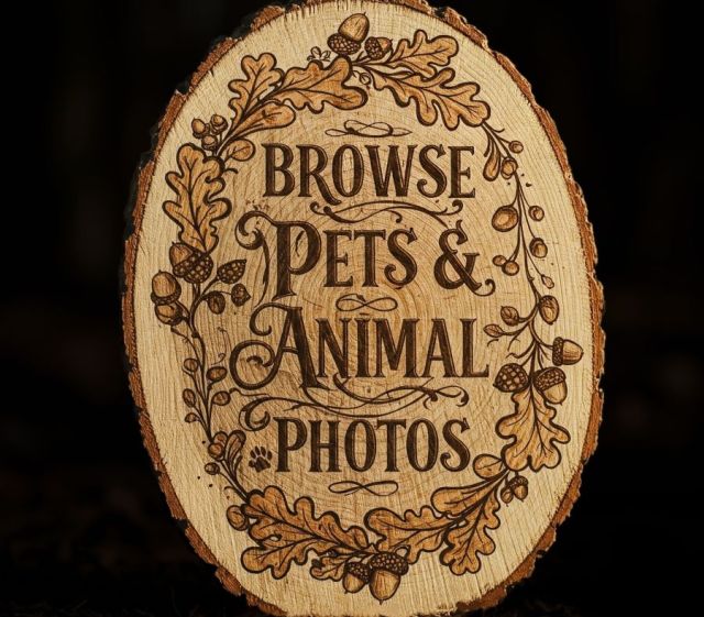 An oval wood slice sign with a rough bark edge, detailed with wood-burned engravings of oak leaves, acorns, and elegant cursive script reading "BROWSE PETS & ANIMAL PHOTOS" against a dark background.