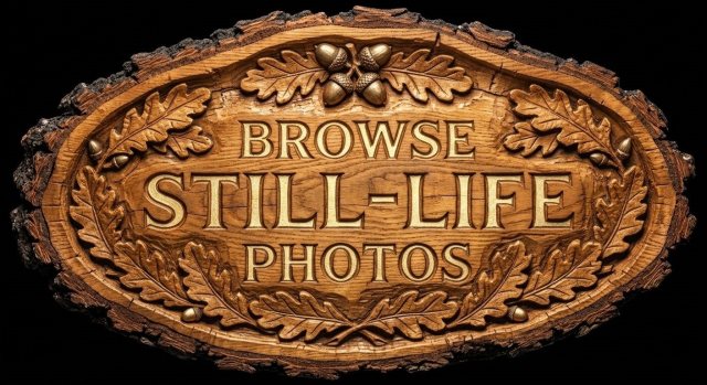 An ornate, oval wooden sign carved with oak leaves and acorns around the raised text "BROWSE STILL-LIFE PHOTOS" against a solid black background.