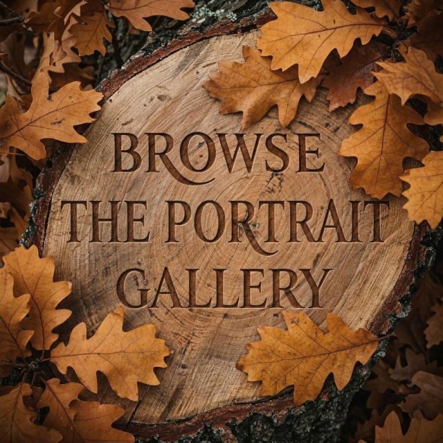 "Browse The Portrait Gallery" text carved into a rustic wooden tree stump surrounded by dry brown oak leaves in an autumn forest setting.