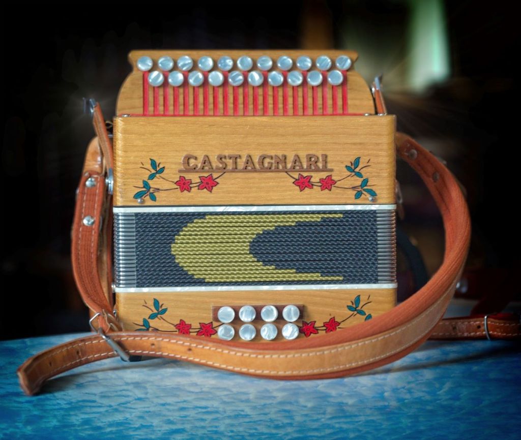 A Castagnari diatonic button accordion with a natural wood finish and red floral inlays, photographed by Lance Albers.