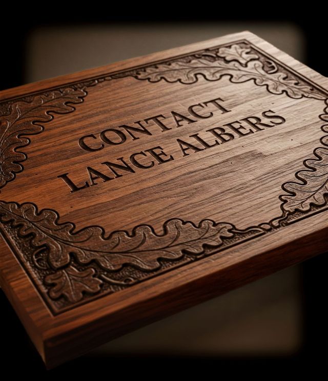 An angled close-up view of a rectangular dark walnut wooden cutting board intricately engraved with the text "CONTACT LANCE ALBERS" and surrounded by a deeply carved border of oak leaves.