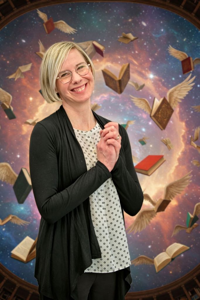 A smiling woman with blonde hair and glasses stands with hands clasped against a fantasy background of winged books flying through space.