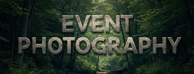 Panoramic graphic showing the words "EVENT PHOTOGRAPHY" spelled out in large, textured stone-like letters, overlaid on a lush, dense green forest background with sunlight filtering through the trees.