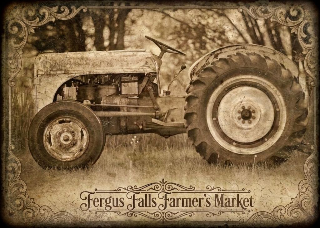 Profile view of a vintage 1940s Ford tractor in a grassy field with a sepia overlay and an ornate border reading Fergus Falls Farmer's Market.