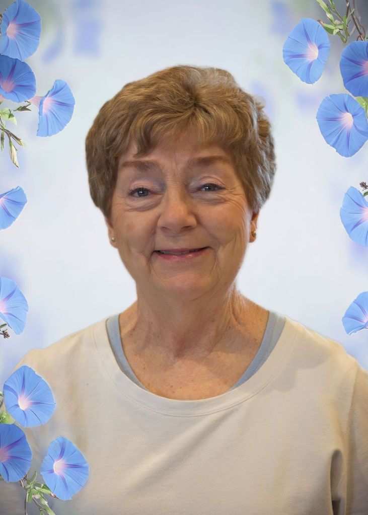 A portrait of Master Gardener Jan Brooberg, framed by a digital overlay of blue morning glory flowers against a soft white background.