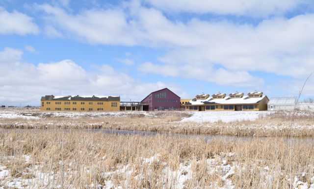 Wide landscape view of the Prairie Wetlands Learning Center buildings in winter, situated across a partially snow-covered wetland marsh under a blue sky with white clouds.