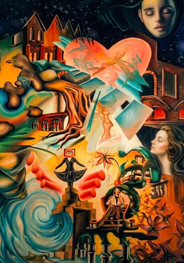 An intricate surrealist oil painting from 1989 by Lance Albers featuring layered faces, architectural structures, a glowing central heart filled with figures, a stylized tree, and waves under a starry night sky.