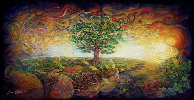 Vibrant oil painting of a central tree on a rolling landscape under a swirling sky of fiery orange and yellow clouds, featuring a radiating spiral sun on the right and heavy textural layers built from a global palette of diverse pigments.