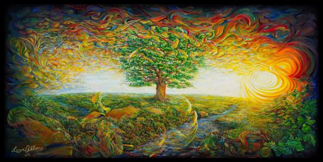 An expressive, surreal landscape oil painting of a majestic burr oak tree under a swirling sky vortex of vibrant yellow, orange, and purple hues with a radiant spiral sun.