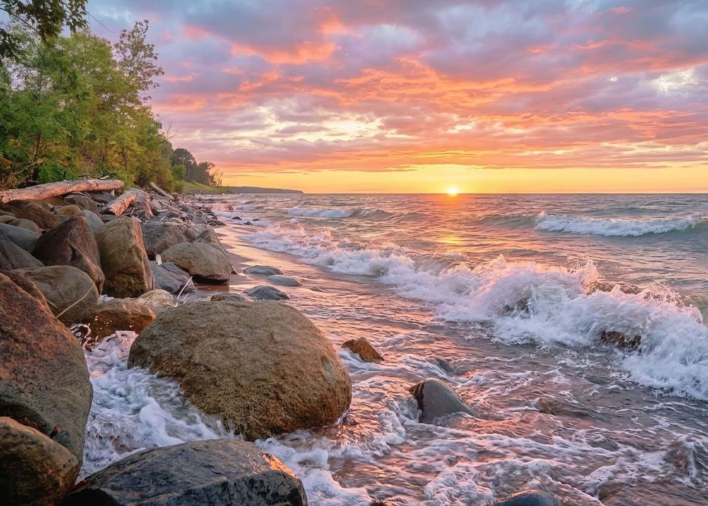 Waves crashing on a rocky Lake Superior beach at sunset along the Wisconsin Scenic Byway, fine art nature photography by Lance Albers.