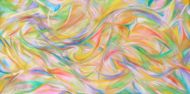 A large two by four foot horizontal panoramic abstract pastel painting titled The Epiphany by Lance Albers, featuring sweeping, dynamic, and fluid brushstrokes of vibrant yellow, orange, green, pink, and violet.