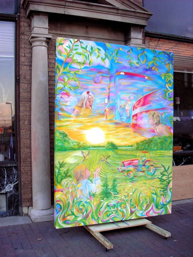 A massive vertical surrealist landscape pastel painting by Lance Albers displayed on a homemade easel outside, commissioned by Cindy Miller of Dassel, Minnesota.